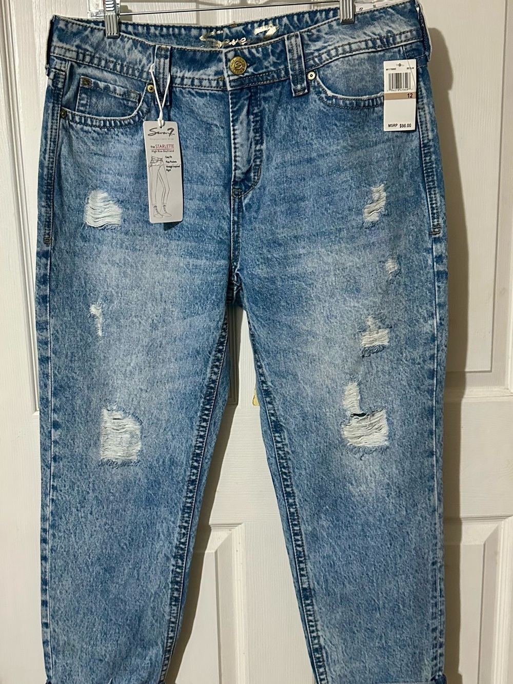 Seven7 Women's Light Blue Distressed Boyfriend Jeans